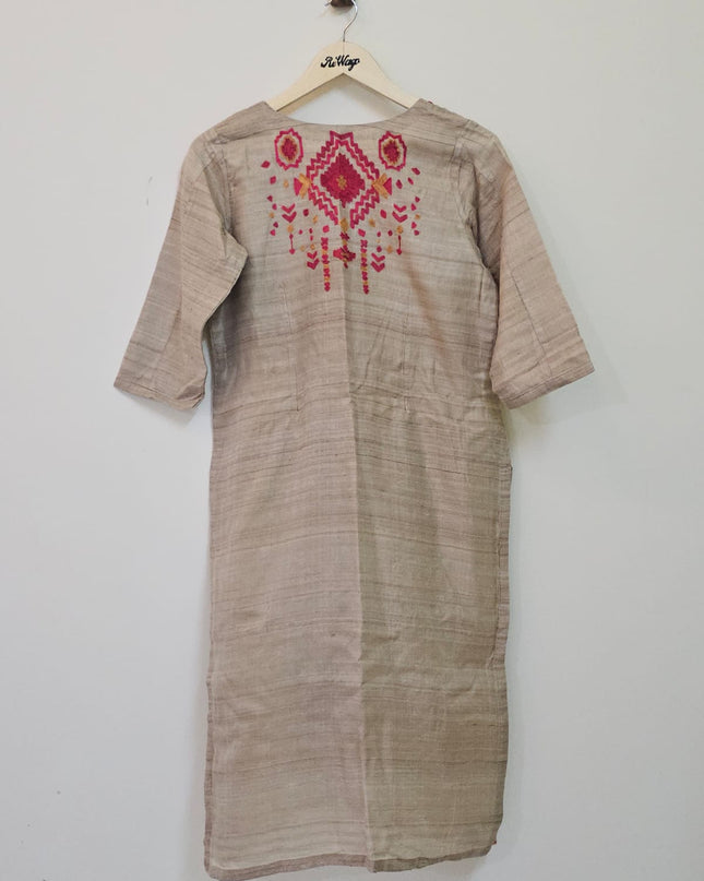 Women's Diamond Neck Cotton Embroidery Cream Kurti - M Size