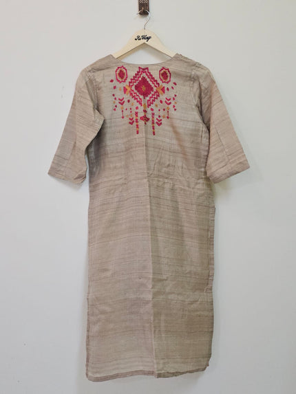 Women's Diamond Neck Cotton Embroidery Cream Kurti - M Size