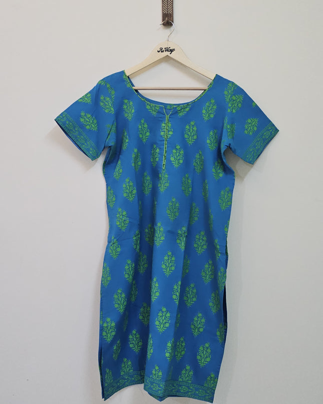 Women's Round Neck Printed Half Sleeve Blue Kurti - XL Size