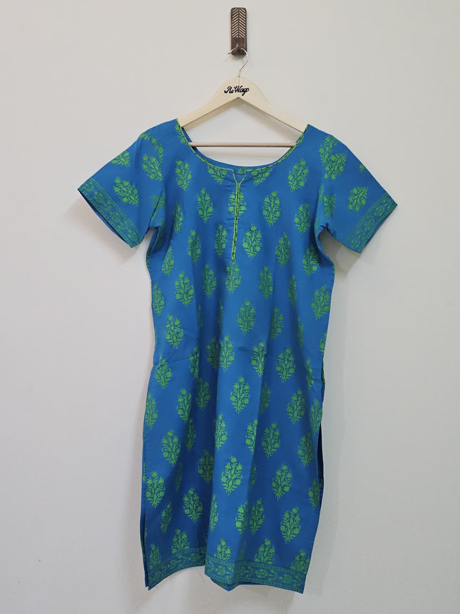 Women's Round Neck Printed Half Sleeve Blue Kurti - XL Size