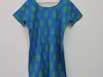 Women's Round Neck Printed Half Sleeve Blue Kurti - XL Size