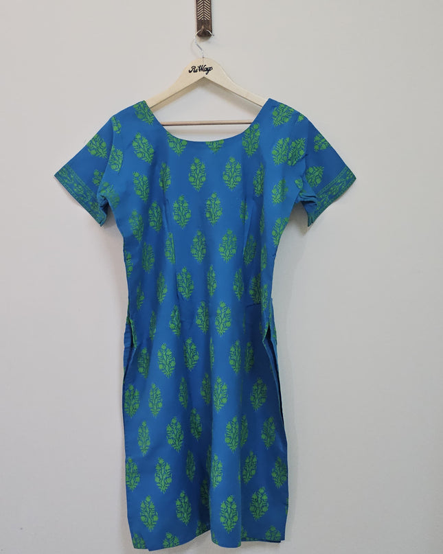 Women's Round Neck Printed Half Sleeve Blue Kurti - XL Size