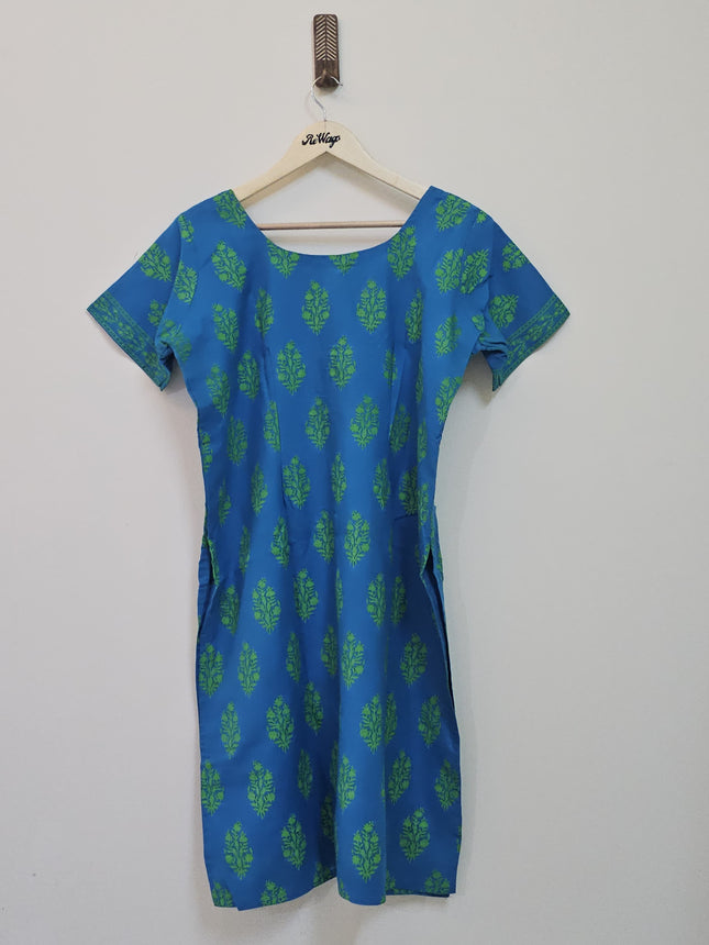 Women's Round Neck Printed Half Sleeve Blue Kurti - XL Size