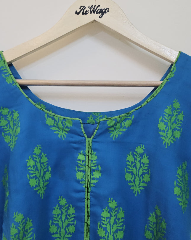 Women's Round Neck Printed Half Sleeve Blue Kurti - XL Size