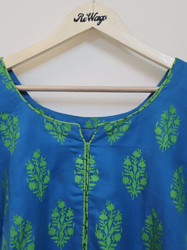 Women's Round Neck Printed Half Sleeve Blue Kurti - XL Size