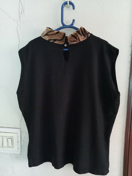 Women's Marks and Spencers black sleeveless tank top with tiger print mock neck detail