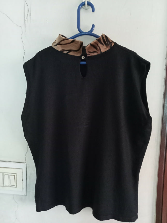 Women's Marks and Spencers black sleeveless tank top with tiger print mock neck detail