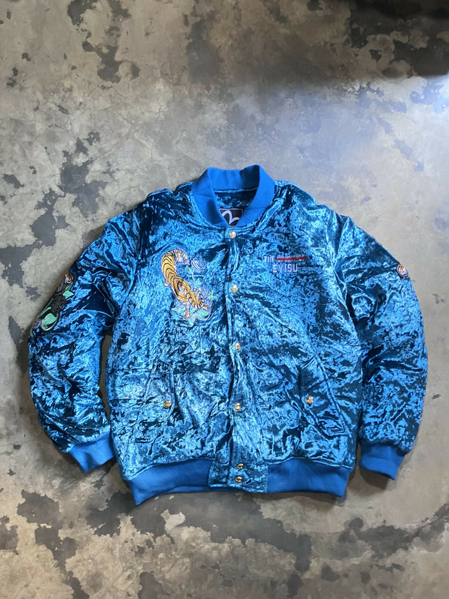 Evisu Tiger Velour Sukajan Blue Embroidery Bomber Jacket Japan Style