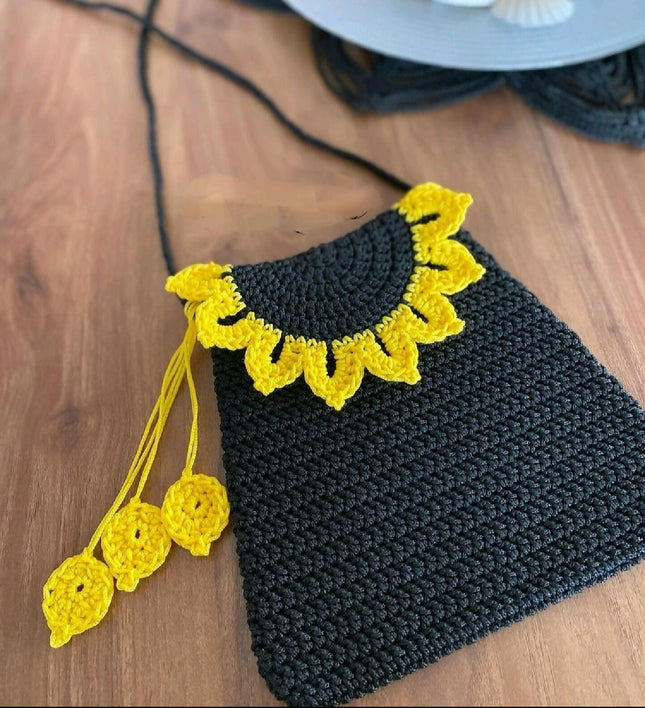 Crochet Sunflower Black Sling Bag