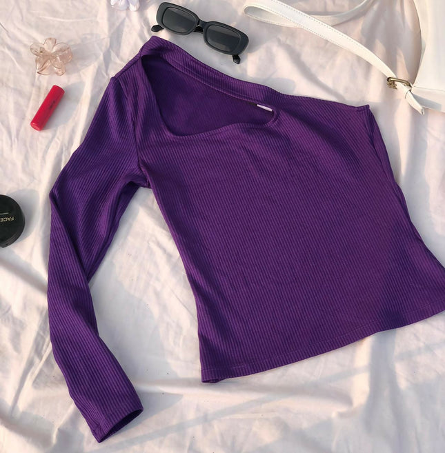 Women's Purple Ribbed Sleeve Cut Out Top - S Size [NEW]