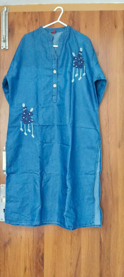 Women's Blue Embroidered Denim Kurta Dress - XL Size