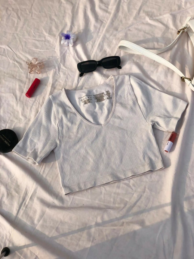 Women's White Ribbed v-Neck Crop Top - S Size [NEW]