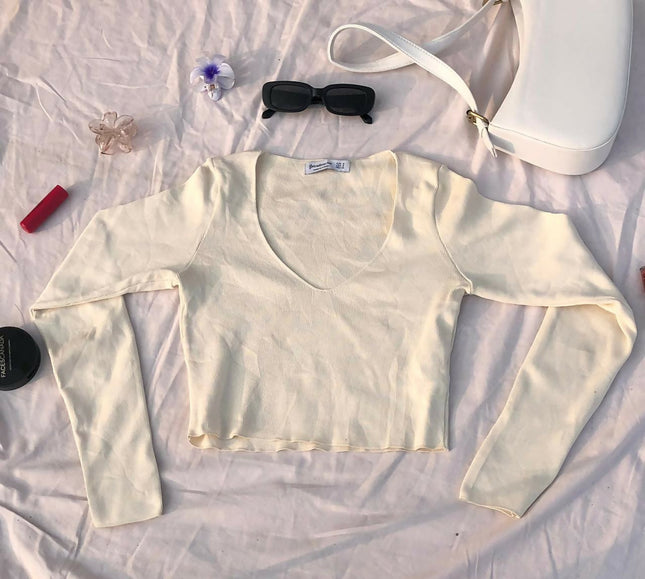Women's Cream V Neck Top - S Size [NEW]