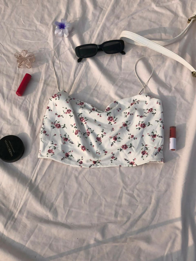 Women's Green White Floral Crop Top - M Size