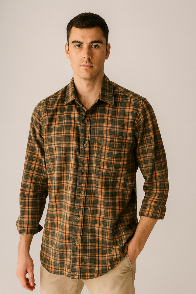 Men's Casual Dark Green and Mustard Yellow Plaid Shirt - XXL size