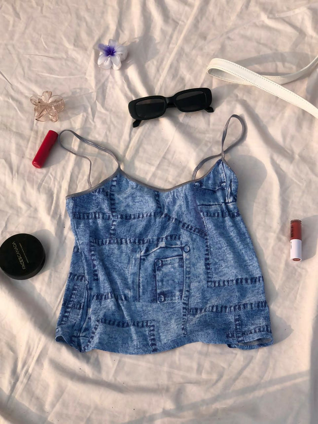 Women's Blue Denim Print Cami Top - XS - S Size [NEW]