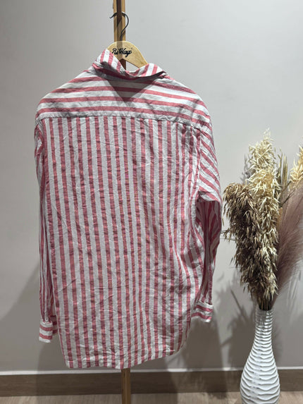 Men's Casual White Pink Line Shirt - XL Size
