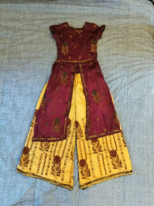 Traditional Kurti Palazzo Set for Women | Maroon & Golden Embroidery