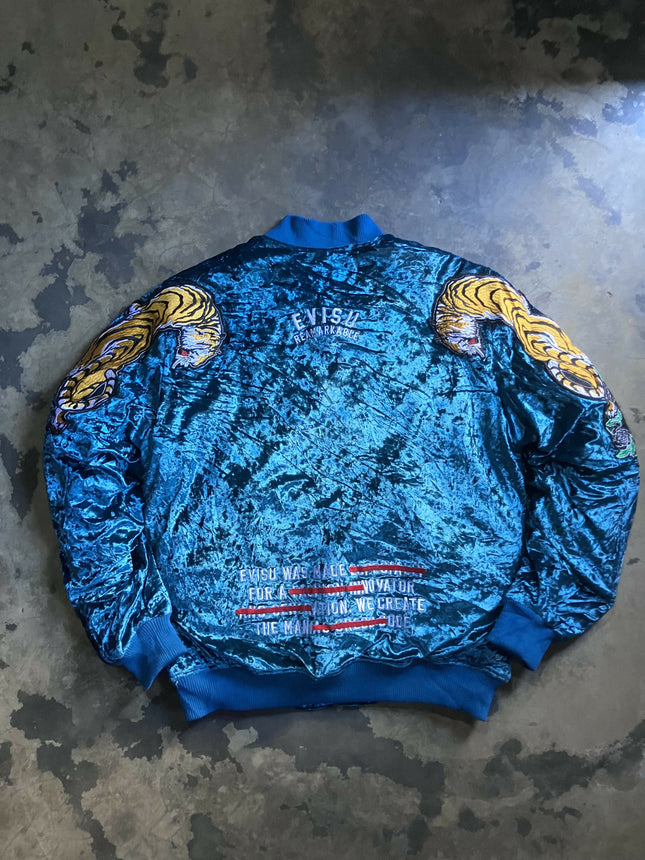Evisu Tiger Velour Sukajan Blue Embroidery Bomber Jacket Japan Style