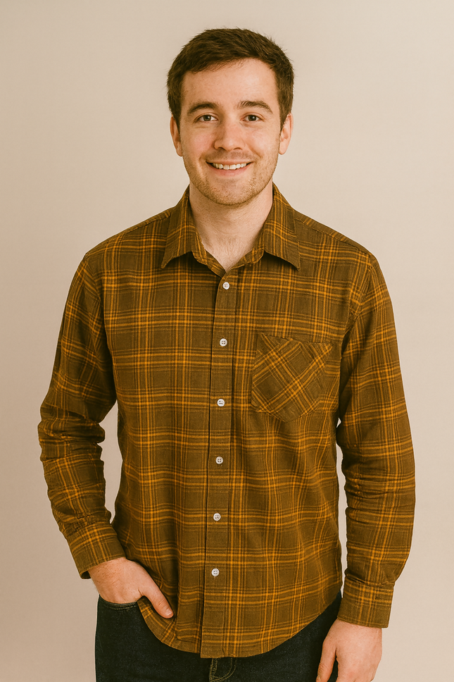 Men's Casual Brown Yellow Check Shirt - 3XL Size