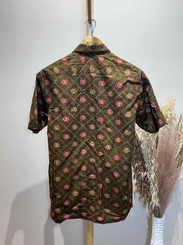 Men's Casual Olive Green With Red and Beige Motifs Shirt - S size