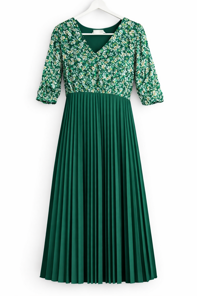 Green Floral Bodice Pleated Maxi Dress - XL Size