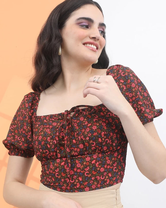 Tokyo Talkies Women's Floral Brown Crop Top - S Size