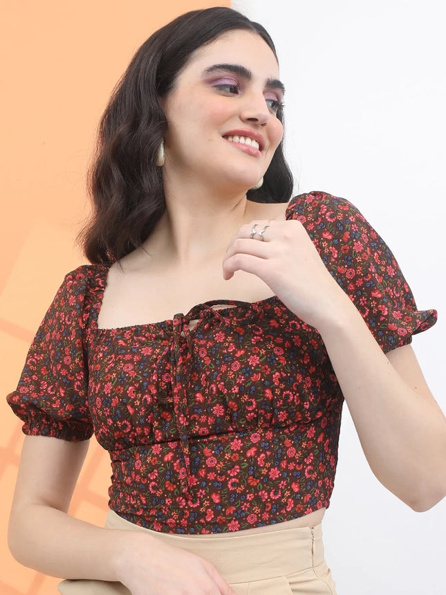Tokyo Talkies Women's Floral Brown Crop Top - S Size