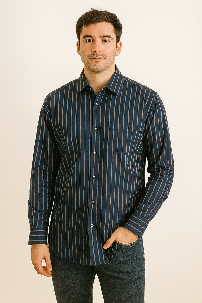 Men's Casual Navy Blue with Pinstripes Shirt - XXL size