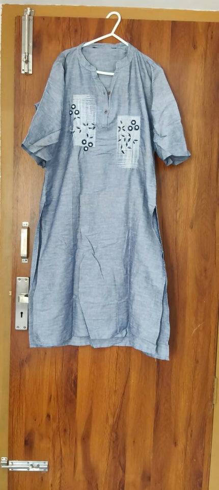 Blue Handcrafted Embroidered Cotton Kurta Dress - XL Size