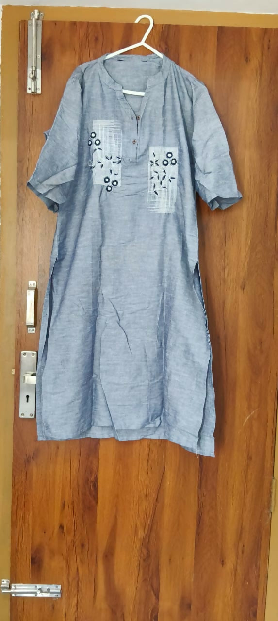 Blue Handcrafted Embroidered Cotton Kurta Dress - XL Size