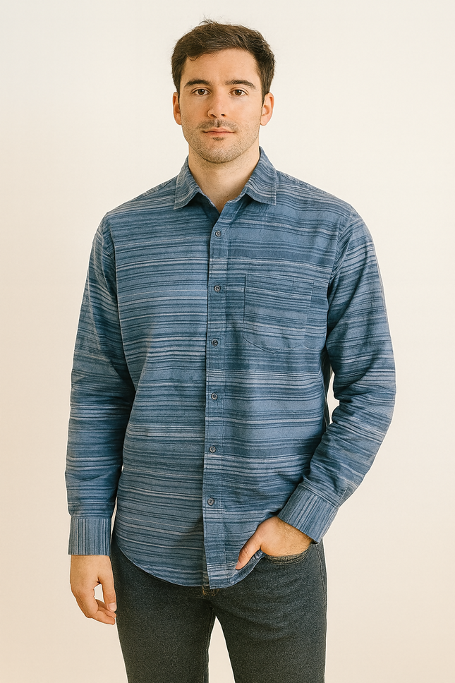 Men's Casual Medium Blue Long-Sleeve with Stripes - XXL size