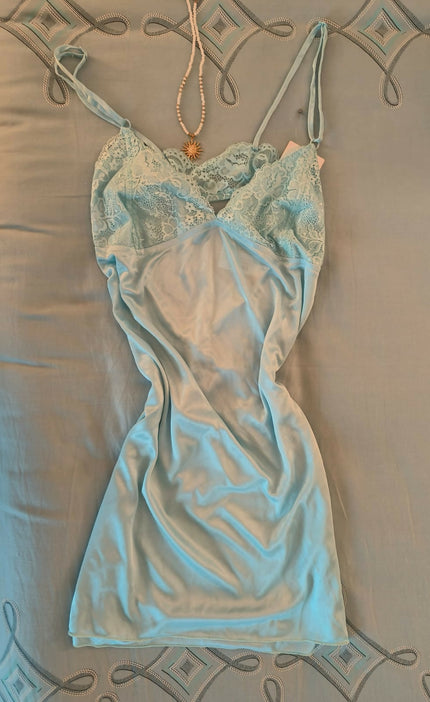 Baby Blue Satin & Lace Slip - S Size