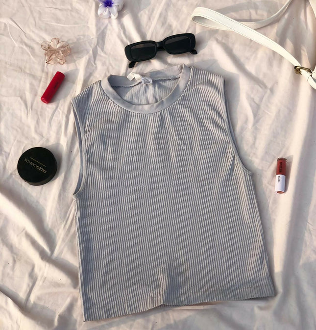 Women's Grey Ribbed Sleeveless Tank Top - M-L Size [NEW]