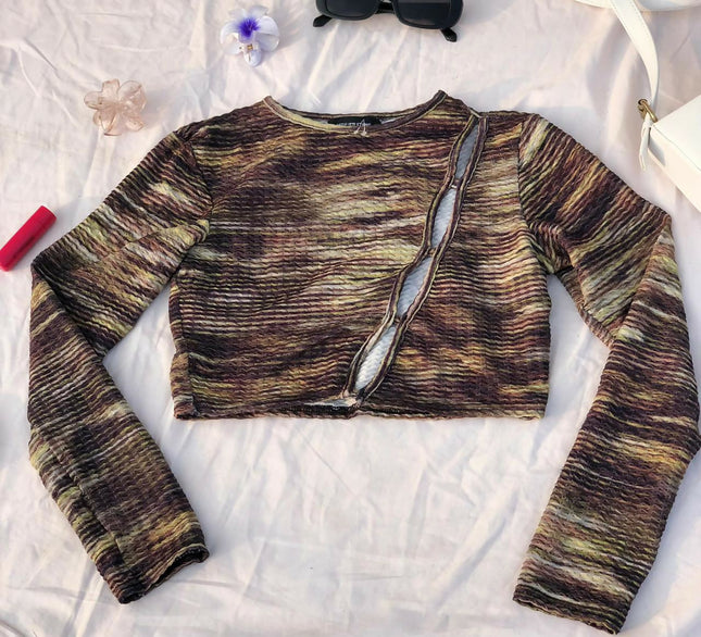 Women's Green Abstract Print Cut Out Top - S Size [ NEW ]