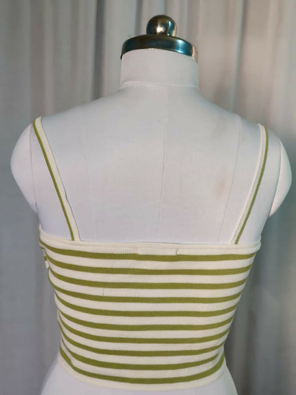 Women's white and olive green striped wrap-front crop top - M Size