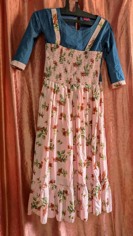 Womens Girl's Floral dress with denim yoke - L Size