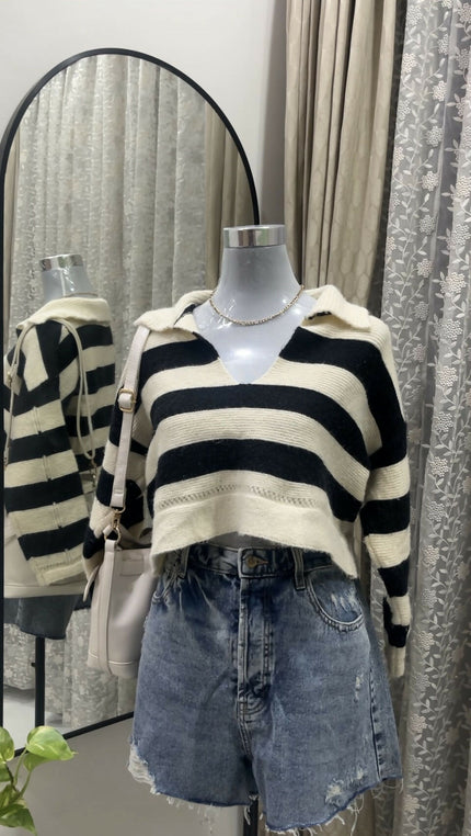 Limited Edition MINETTE Striped Crop Polo Sweater