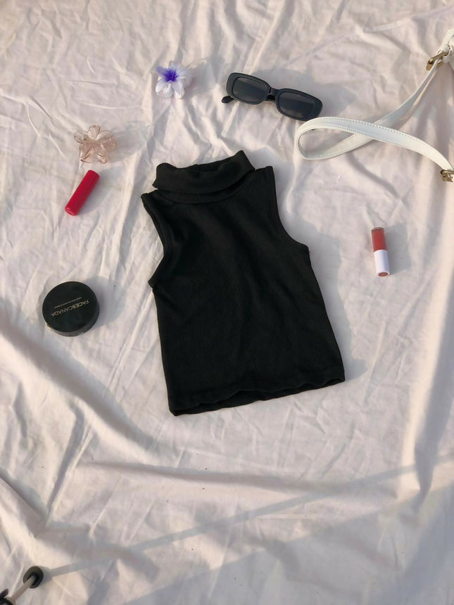 Women's High Neck Black Ribbed Top - XS Size [NEW]