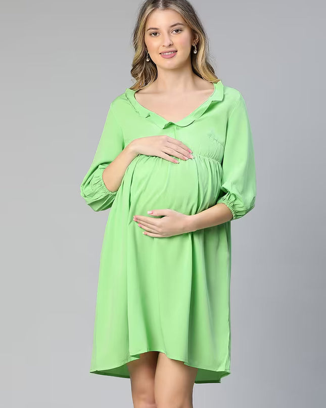 Women's V neck and 3/4 Sleeve Green Dress - S Size