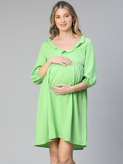 Women's V neck and 3/4 Sleeve Green Dress - S Size